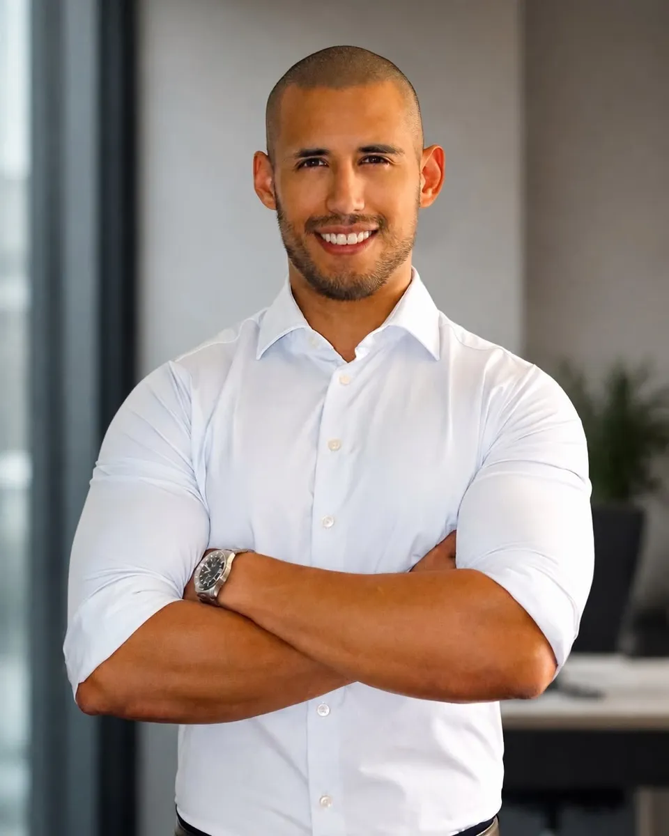 Bruno Serrano Trejo — professional headshot in navy blue shirt with arms crossed, smiling warmly against a black background