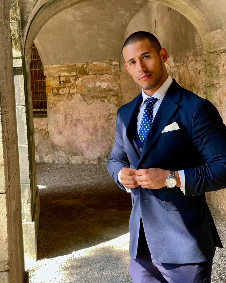 Bruno Serrano Trejo in a navy suit, standing in a stone archway